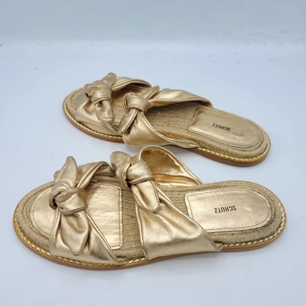 SCHUTZ Metallic Espadrille Slide Sandals Soft Gold Size 37.